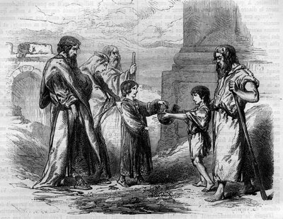 Belisaire (v.500-565) slepý a žebrající na příkaz Justiniána, kterému dal zlato a zemi prodeje. Rytina v „Histoire des Papes-Rois-Queen and Empereurs a travers les století“ od Maurice Lachatre od French School
