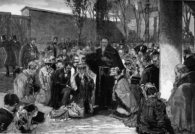Požehnání věřících na dvoře kapucínů v rue de la Sante v Paříži dne 30. října 1880, před jejich vyloučením na základě dekretů z března 1880 vydaných Julesem Ferrym, které zbavily práva vyučovat příslušníky nepovoleného náboženství od French School