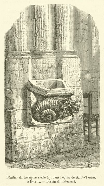Benitier ze třináctého století?, v kostele Saint-Taurin, v Evreux (rytina) od French School
