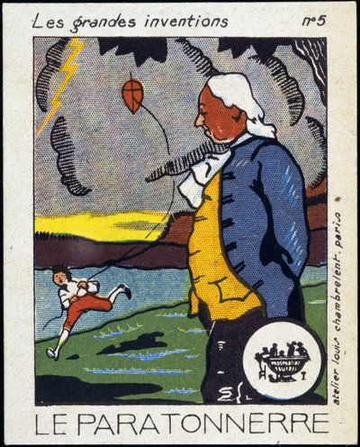 Benjamin Franklin, americký politik a fyzik (1706-1790) a hromosvod (zkušenost s drakem) - Label, Deb. 20. století od French School