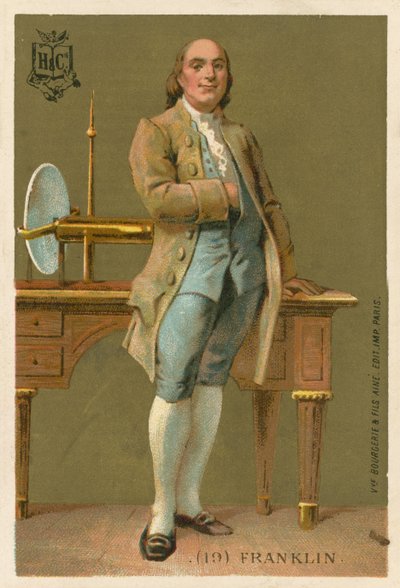 Benjamin Franklin , americký vědec, vynálezce a politik. Vzdělávací karta. od French School