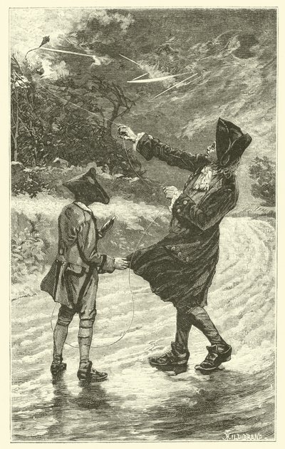 Benjamin Franklin létající se svým drakem (rytina) od French School