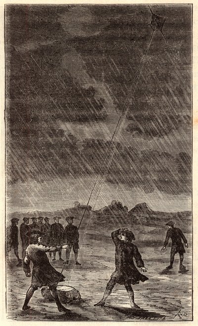 Experiment Benjamina Franklina s bleskem - Zkušenost Benjamina Franklina (1706-1790) létajícího s létajícím jelenem, aby demonstroval elektrickou povahu blesku. Kolorovací rytina 19. století. Gravírování do „“ Vědy dostupné všem – fyz od French School
