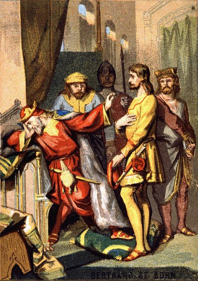 Bertran (Bertrand) de Born (1140 - 1215) trubadúr perigordin, pán z Hautefortu, před Jindřichem II. (1133 - 1189) z Anglie. Chromolitografie řady „“Vlastenecká výchova obrazem““. od French School