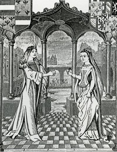 Zasnoubení Maxmiliána I. a Marie, vévodkyně Burgundské v roce 1477, podle obrazu v Chroniques de Flandre od French School
