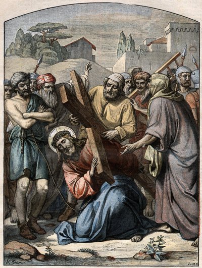 Biblická scéna – Křížová cesta: Ježíš pomáhá Šimonem z Kyrény (Kyrenejec). Rytina v „“Le Pelerin““ ze dne 13. září 1896. od French School