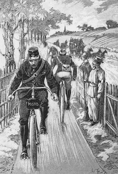 Cyklostezka pro faktory: Rychlá projektová trasa od M. Berruyera - v „Teoretické a praktické cyklistice““ de l. Baudry de saunier, rytina, Bibl. de la ville de Paris. od French School