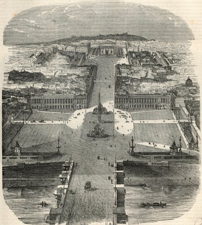 Ptačí pohled na Place de la Concorde, rue Royale s kostelem Madeleine - rytina v „Tableau-de-Paris“ od Edmonda Texiera 1852 od French School