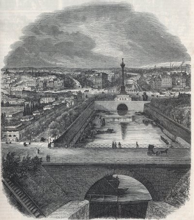Ptačí pohled na Canal Saint-Martin (Svatý Martin), náměstí a čtvrť Bastille, pořízený z pravého břehu Seiny - rytina v „Tableau-de-Paris“ od Edmonda Texiera 1852 od French School