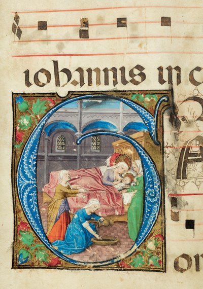 Birth of the Virgin, Gradual, f.76 (inkoust, tempera a plátkové zlato na pergamenu) od French School