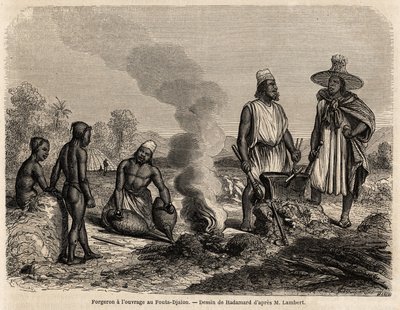 Kovář má práci ve Fouta Djalon (Senegal), kresba Hadamarda, pro ilustraci cesty poručíka Lamberta do Fouta Djalon v roce 1860. Rytina v „“Le tour du monde““ 1861. Selva sbírka. od French School