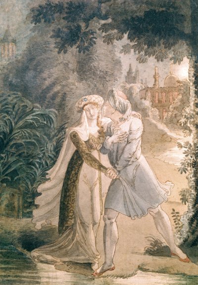 Blanca a Abon Hametovi v zahradách Alhambra, z „Le Dernier des Abencerages“ od Francoise Reneho (1768-1848) Vicomte de Chateaubriand (pero a inkoust a wc na papíře) od French School
