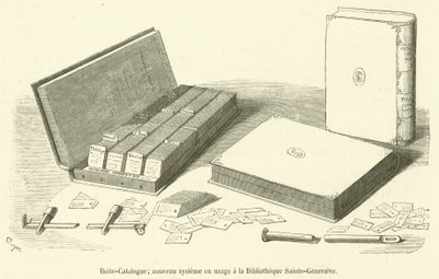 Katalogová krabice, nový systém používaný v Bibliotheque Sainte-Genevieve (rytina) od French School