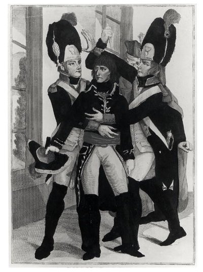 Bonaparte (1769-1821) chráněn dvěma granátníky během zasedání v St. Cloud, 19 brumaire an 8 (10. listopadu 1799), kolem 1800 od French School