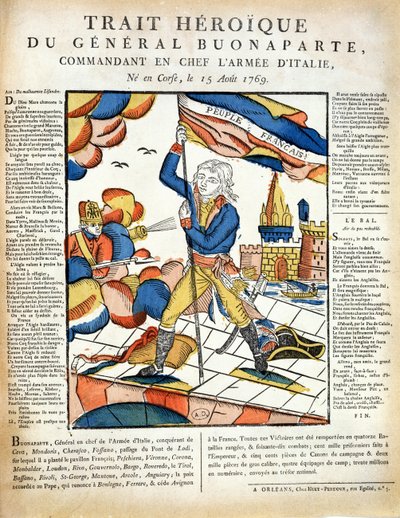 Bonaparte (1769-1821) zavěšování francouzské vlajky na most Lodi, 10. května 1796 z LImagerie Populaire od P.L.Duchartra a R. Saulmiera od French School