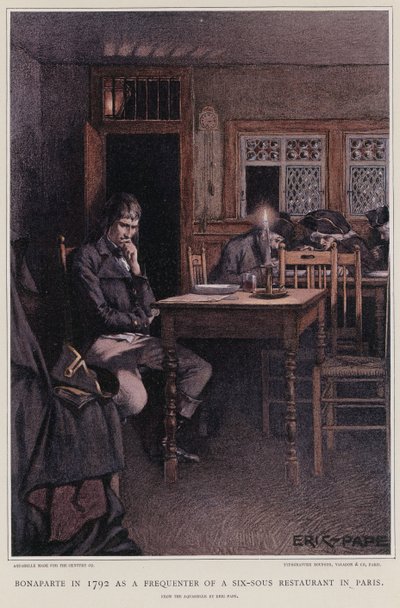 Bonaparte v roce 1792 jako návštěvník pařížské restaurace se šesti sousy od French School