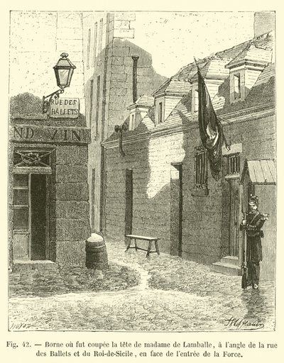 Bollard, kde byla uříznuta hlava madame de Lamballe, na rohu rue des Ballets a rue du Roi-de-Sicile, naproti vchodu do La Force od French School