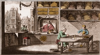 Bouchonnier, výroba korkových zátek – “” La Grande Encyclopédie, ou Dictionnaire Raisonne des Sciences, des Arts et des Metiers” (Encyklopedie nebo slovník věd, umění a povolání) od Denise Diderota (1713-1784) a Jean d