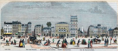 Boulevard Beaumarchais jižní strana - Cafe Gibe - Hotel de Ninon de Laclos - Divadlo Beaumarchais - Rue pas de la mule - Rytina v „Tableau-de-Paris“ od Edmonda Texiera 1852 od French School