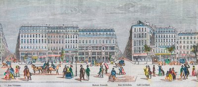 Boulevard Montmartre na jižní straně a Boulevard des Italiens na jižní straně - Rue Vivienne - Maison Frascati - Rue Richelieu - Cafe Cardinal - Rytina v „Tableau-de-Paris“ od Edmonda Texiera 1852 od French School
