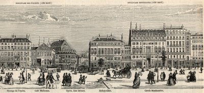Boulevard des Italiens a bulvár Montmartre - Cafe Mulhouse - Cercle Montmartre - Jockey club - Rytina v „Tableau-de-Paris“ od Edmonda Texiera 1852 - od French School