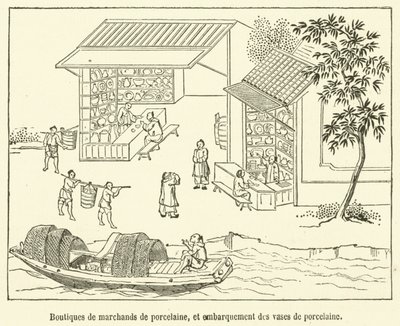 Obchody obchodníků s porcelánem a nalodění porcelánových váz (rytí) od French School