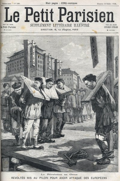 Boxerské povstání v Číně v roce 1898: Vzpoury na pranýř za útoky na Evropany. Obálka „“Le petit parisien““ z roku 1898. od French School