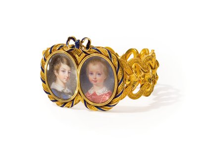 Náramek se dvěma miniaturami, Morel & Cie, cca 1845 (zlato, email a akvarel na slonovině) od French School