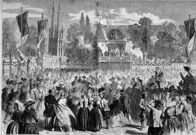 Breton Ball na bitevním poli v Quimper (Finistere, 29) za přítomnosti Napoleona III. (1808-1873) a Impress Eugenie (1826-1920). Rytina v „“ Le Monde Illustré““ č. 72 z 28. srpna od French School