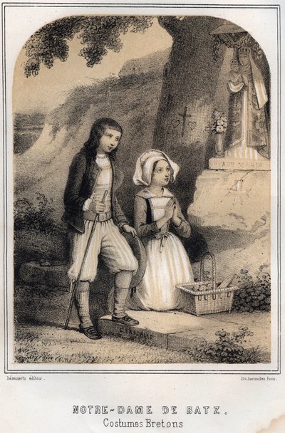 Bretonské kostýmy - Notre-Dame de Batz - rytina v „SOURIES OF MY STRÝČE VZPOMÍNKY A CESTOVNÍ RECITTY“ od MORING MICHEL - konec 19. století od French School