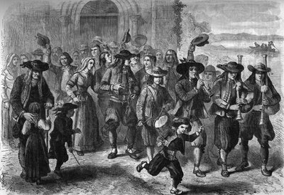 Bretonský zvyk: pár mladých manželství u východu z kostela. V horní části průvodu jsou hráči biniou a bubnu. Treguennec, Finistere (29) od French School