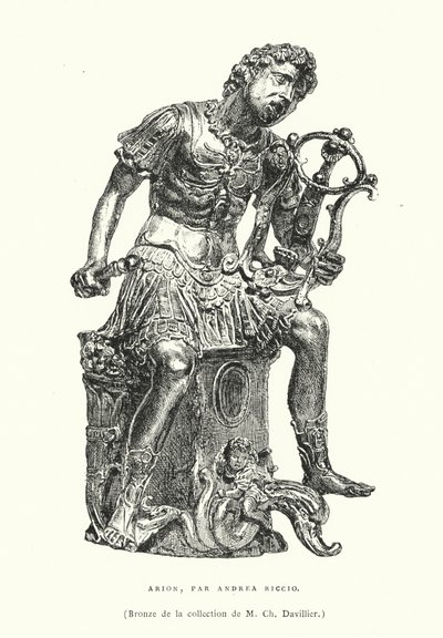 Bronzová postava starověkého řeckého básníka Ariona, od italského renesančního sochaře Andrea Riccia, konec 15. nebo začátek 16. století (rytina) od French School