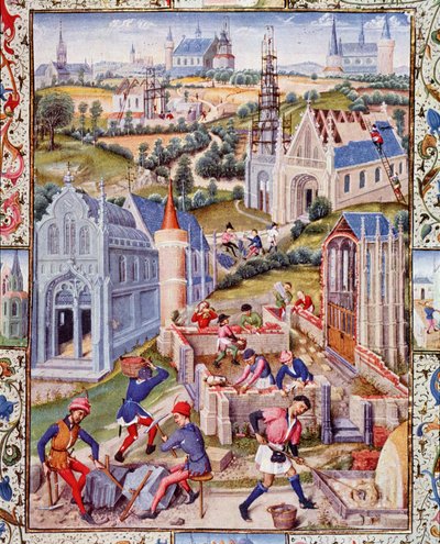 Staveniště v Saint Denis (město) pro stavbu 12 kostelů na počest 12 apotres. Miniatura převzatá z knihy "Život urozeného hraběte Gerarda de Roussillon". od French School