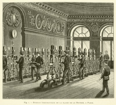 Pneumatická kancelář na Place de la Bourse, v Paříži (rytina) od French School