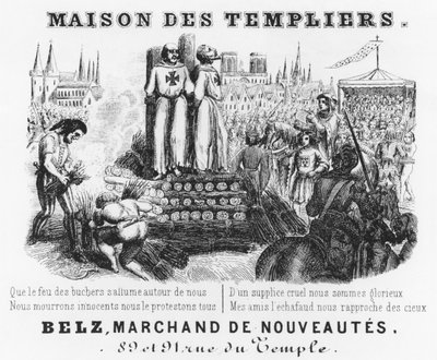 Upálení templářů, hlavička účtu obchodu s drapérií, Maison des Templiers, Belz, rue du Temple, Paříž, asi 1840 od French School