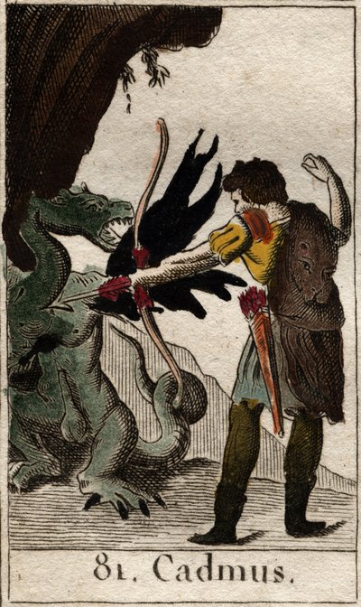 Cadmos (Kadmos nebo Cadmus) zabíjející draka (Cadmus bojuje s drakem). Z „Mytologie mládí“ od Pierra Blancharda 1803. od French School