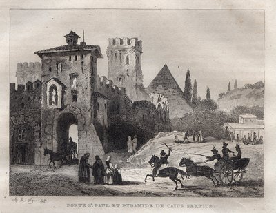Pyramida Caius Cestus a brána sv. Pavla v Římě Porte Saint Paul a pyramida Caia Sexta v Římě - rytina z „“Malebné Itálie““ – Historická a popisná malba Itálie““ od M. de Norvinse, Ch. Nodier 1834-1836. od French School