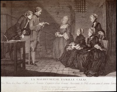 Aféra Calas: Nešťastná rodina Jeana Calase (zemřel 1762): matka, dvě dcery s Jeanne Viguierovou, jejich dobrou služebnou, syn a jeho přítel, v.1762. od French School