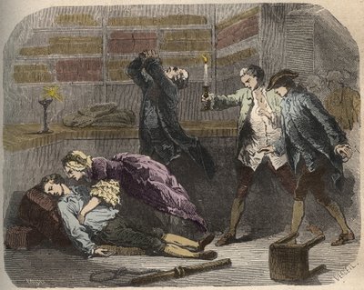 Případ Calas: 13. října 1761 byl Marc Antoine Calas nalezen mrtvý v rodinném butiku v Toulouse - rytina v „Causes celebres de tous les peuples“ od Armanda Fouquiera (1817-18?) 1858-1867 - soukromá sbírka od French School