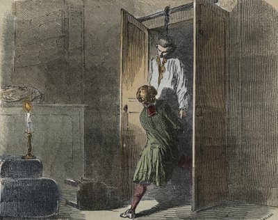 Případ Calas: 13. října 1761 byl Marc Antoine Calas nalezen oběšený v rodinném butiku v Toulouse - rytina "" Causes celebres de tous les peuples"" od Armanda Fouquiera (1817-18?) 1858-1867 - soukromá sbírka od French School