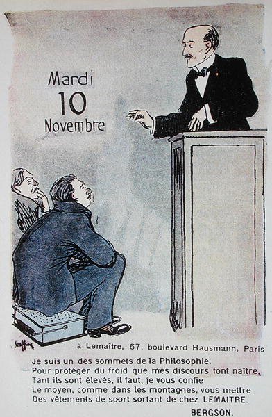 Kalendář pro reklamní sportovní oblečení na rok 1914 s karikaturou francouzského filozofa Henriho Bergsona (1859-1941) od French School