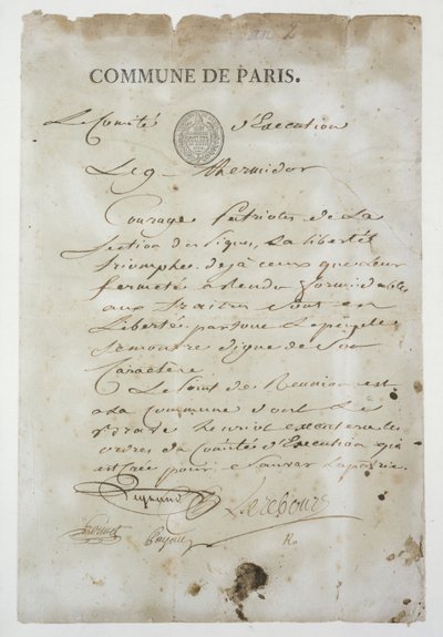 Výzva od Maximiliena de Robespierre (1758-94), abyste se připojili ke Komuně, 9 Thermidor An 2 (27. července 1794) (pero a inkoust na papíře) od French School