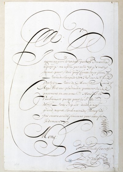 Kaligrafie: Účetní dopis kaligrafovaný kolem roku 1678 Francoisem de Bruynem. Historická knihovna města Paříže od French School