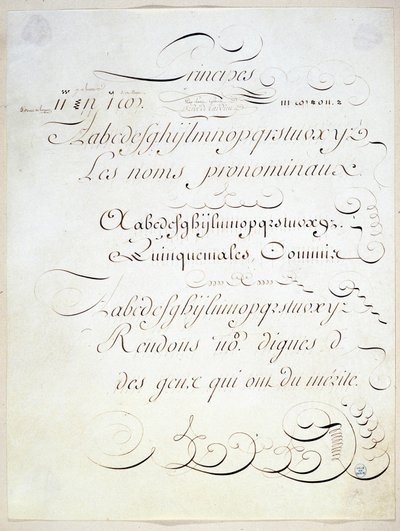 Kaligrafie: Rukopis představující princip tří francouzských spisů, ke konci 18. století Andre Tardieu. od French School