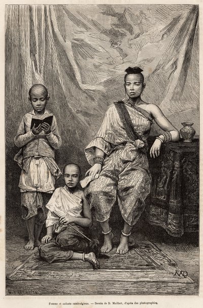 Kambodžská žena a děti, rytina podle kresby D. Maillarta, ilustrující plavbu do Cochinchine, od doktora Morice, v roce 1872, publikovaná v „“Le tour du monde“““ 1875, editoval Edouard Charton, vydání Hachette, Paříž. Kolekce Selva. od French School