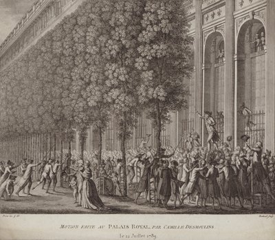 Camille Desmoulinsová doručuje výzvu do zbraně lidem v Palais Royal v Paříži od French School