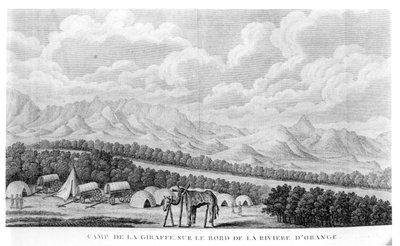 Camp Giraffe na břehu Orange River, ze svazku 2 Druhé plavby dans linterieur de lAfrique od Francoise Le Vaillanta (1753-1824) vydaného 1796 od French School