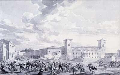 Italské tažení: pohled na povstání města Paříže proti francouzské okupaci v květnu 1796. Anonymní kresba. Paříž, Muzeum Louvre od French School
