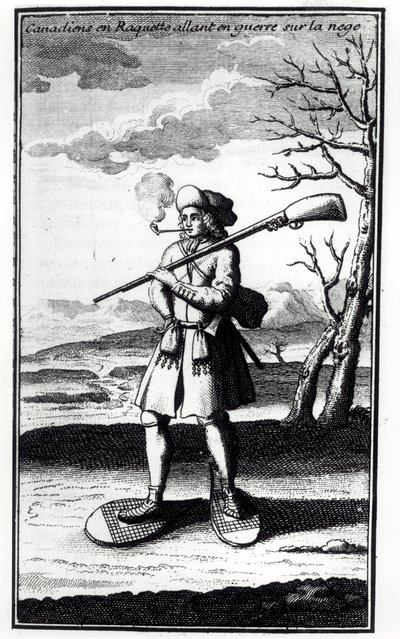 Kanaďan na sněžnicích ve válce na sněhu, z knihy Histoire de lAmerique septentrionale od Bacqueville de La Potherie (1663-1736) vydané v roce 1753. od French School