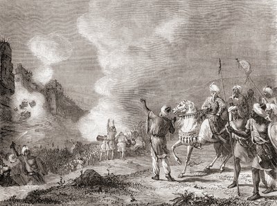 Děla používaná jako obléhací stroje sultánem Abu Yaqub Yusufem při obléhání Sijilmasy v Maroku v roce 1274, z knihy Les Merveilles de la Science, vydané kolem roku 1870 (rytina). od French School